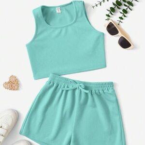 Blue Ribbed Tank and Shorts Set